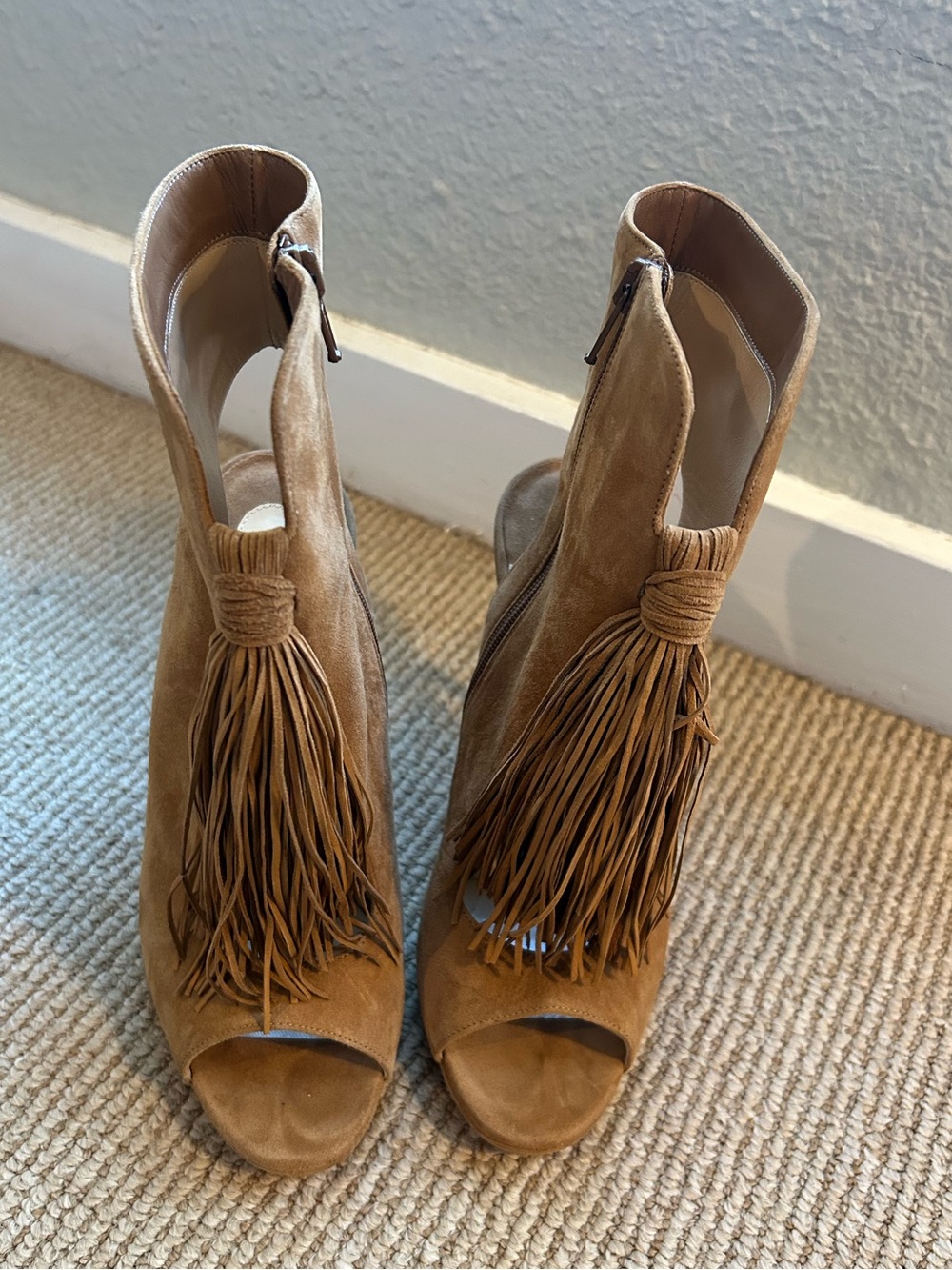 Christian Louboutin Tan Suede Peep-Toe Tassel Heels